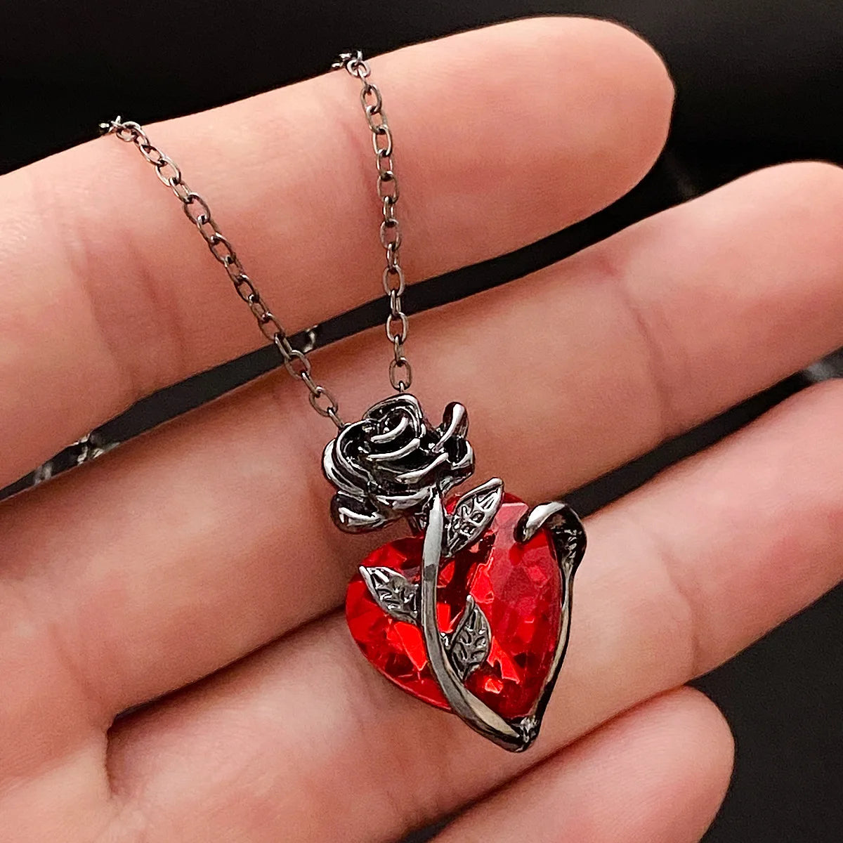 Gothic Rose Red Love Necklace - Y2K Grunge Jewelry with Silver-Tone Bloody Human Heart Pendant for Women. Personalized Gifts