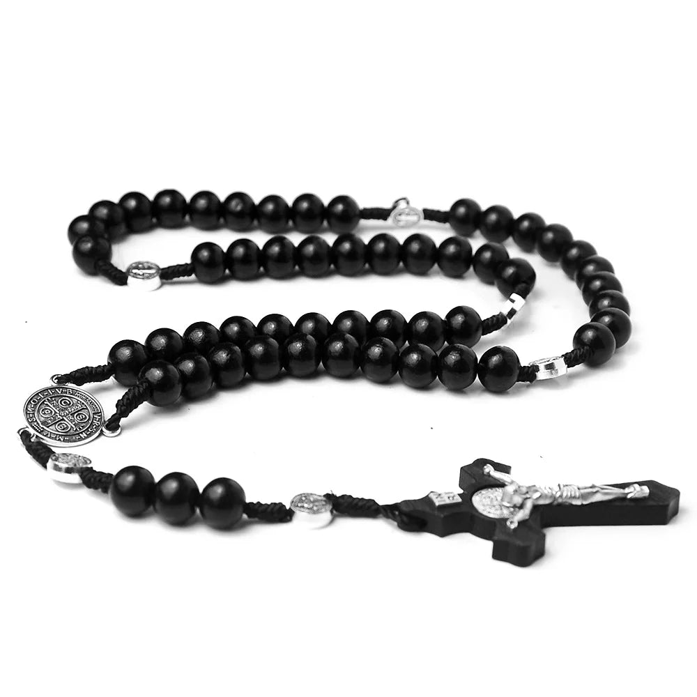 Catholic Wood Beaded Rosary Necklace - INRI Crucifix Cross Pendant Long Chain, Religious Prayer Jewelry for Men & Women