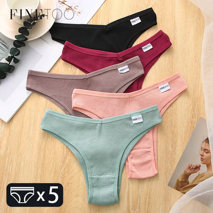 FINETOO 5Pcs/set Women's Brazilian Cotton Panties: Comfortable Low-Rise T-Back Underwear - Female Lingerie in Sizes M-XL