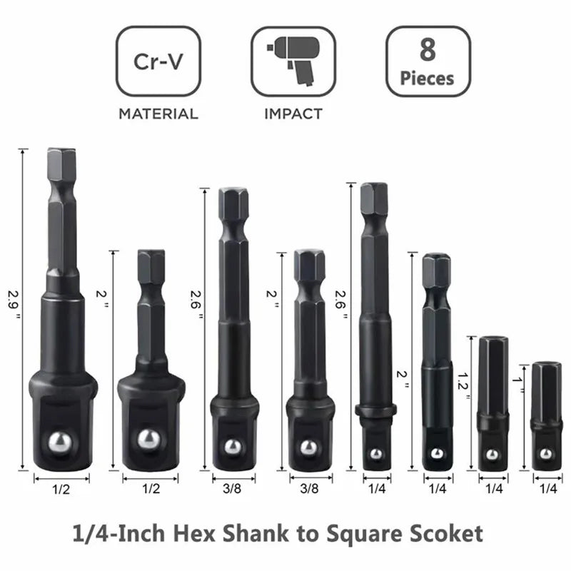 12-Piece Impact Socket Adapter & Reducer Set: Convert Power Drill to Nut Driver, 1/4" Extension Set for High-Speed Performance