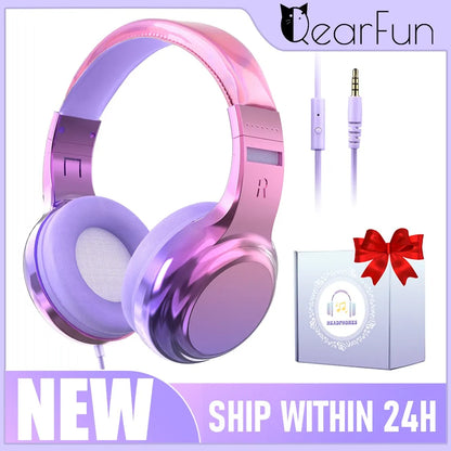 New Girls Wired Headphones with Mic – Over-Ear Headset for School, PC, Phone, Kids Gifts in Purple and Pink