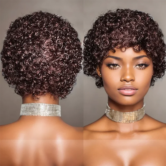 99J Short Curly Pixie Human Hair Wig - Full Machine Made, Affordable Kinky Curls on Clearance