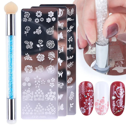 Nail Stamping Plates Set with Silicone Stamper & Brush - Flower and Geometry Transfer Stencils for Nail Art Manicure