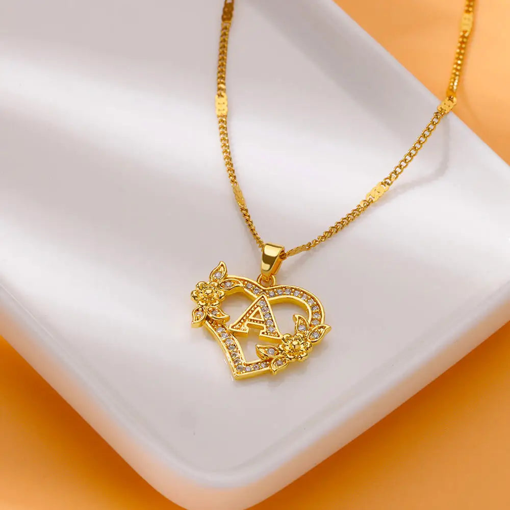 Zircon Flower Initial Necklace for Women - Stainless Steel Heart Letter Chain, Gold Color, 2024 Trend Wedding Jewelry