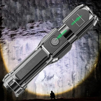 4 Lighting Modes LED Flashlight – Telescopic Zoom Tactical Torch, USB Rechargeable, Portable Spotlight for Long-Range Camping