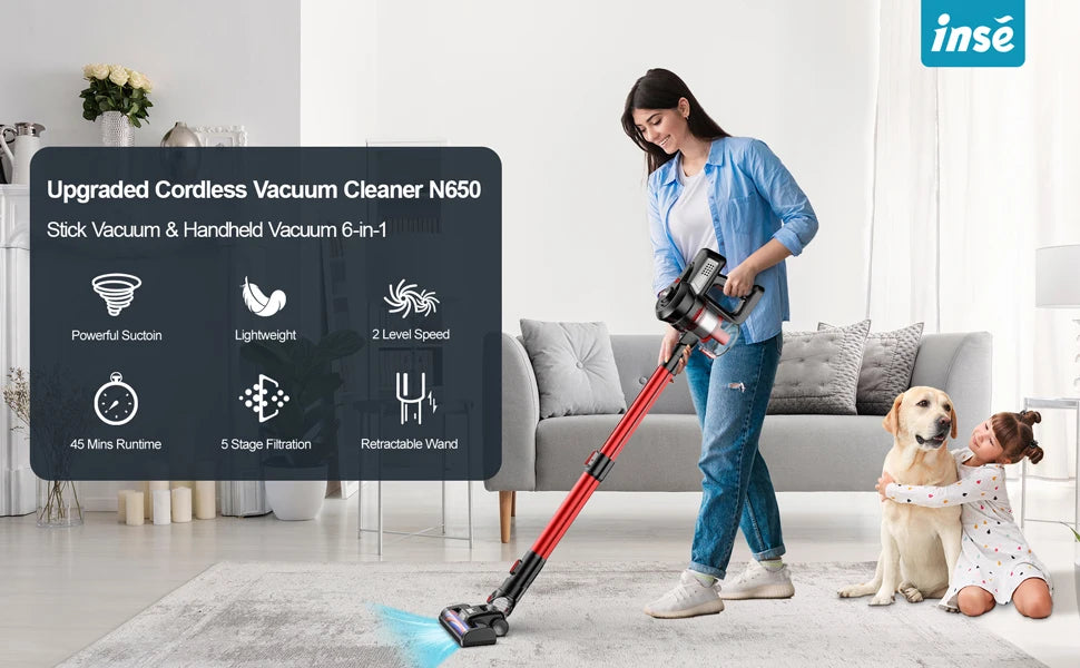 INSE N650 Cordless Vacuum Cleaner - Powerful 4 in 1 Stick Vacuum with Rechargeable Battery, Up to 45 Mins Runtime