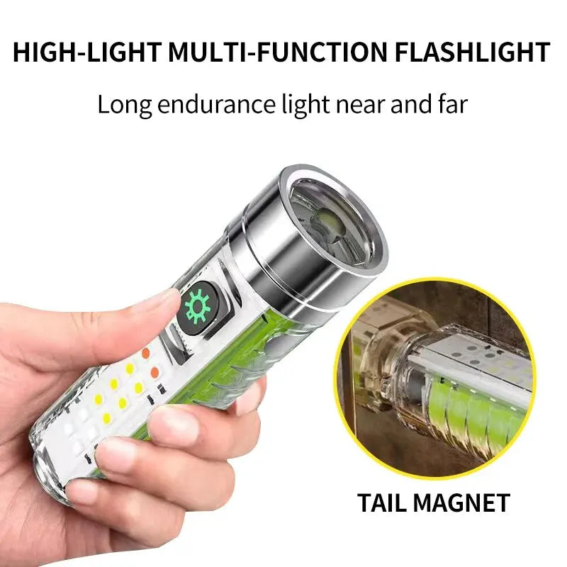 Compact USB-C Rechargeable LED Flashlight with Tail Magnet & UV Light - Multifunction Mini Keychain Torch for Camping