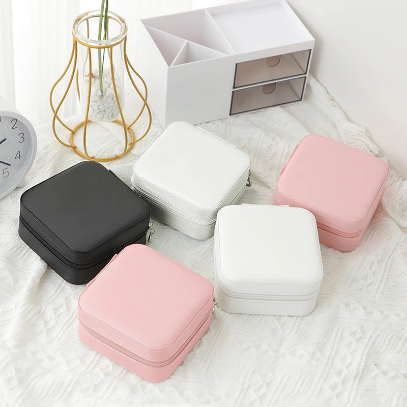 Single Layer Travel Jewelry Storage Box - Leather Design for Women, Classic Black, Pure White, Fashion Pink