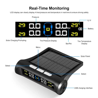 Intelligent TPMS Solar Tire Pressure Monitoring System – Parking Sensors for Cars with Temperature and Air Pressure Gauge