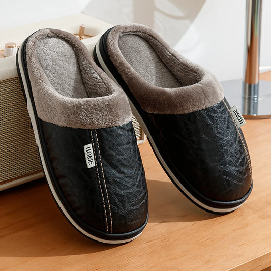 Men's PU Leather Slippers - Large Sizes, Waterproof Fur-Lined Indoor Winter House Shoes