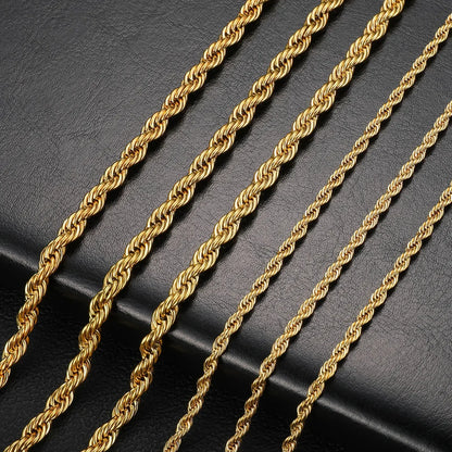 2-6MM Gold Twisted Rope Chain Necklace - Stainless Steel Waterproof Choker for Men and Women, Never Fade Fashion Jewelry