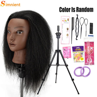 African Mannequin Head - 100% Real Hair Hairdresser Training Head with Tripod Stand - Cosmetology Doll Head for Braiding and Styling Practice