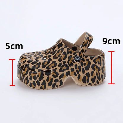 Leopard Print Thick Bottom Clogs for Women - Closed Toe Chunky Platform Sandals with Super High Wedge Heel, Summer 2023