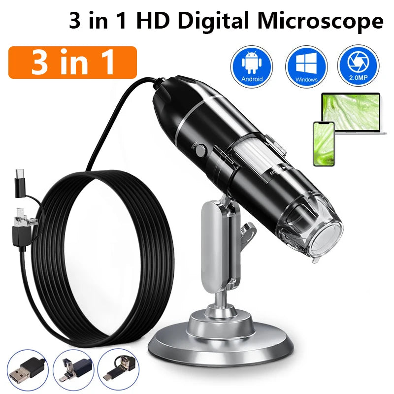 1600X 3-in-1 Digital Microscope Camera – Portable Electronic Microscope with LED Magnifier & Type-C USB Charging