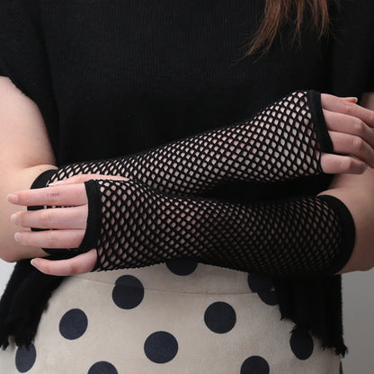 Black Fishnet Fingerless Gothic Gloves: Long Leg Arm Cuff for Party Wear - Fancy Women's Glove Cosplay, Darkly Ninja-Inspired Mitten