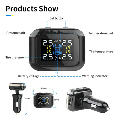 Universal Car TPMS with USB Cigarette Lighter - Wireless Digital Tire Pressure Monitoring System with 4 External/Internal Sensors