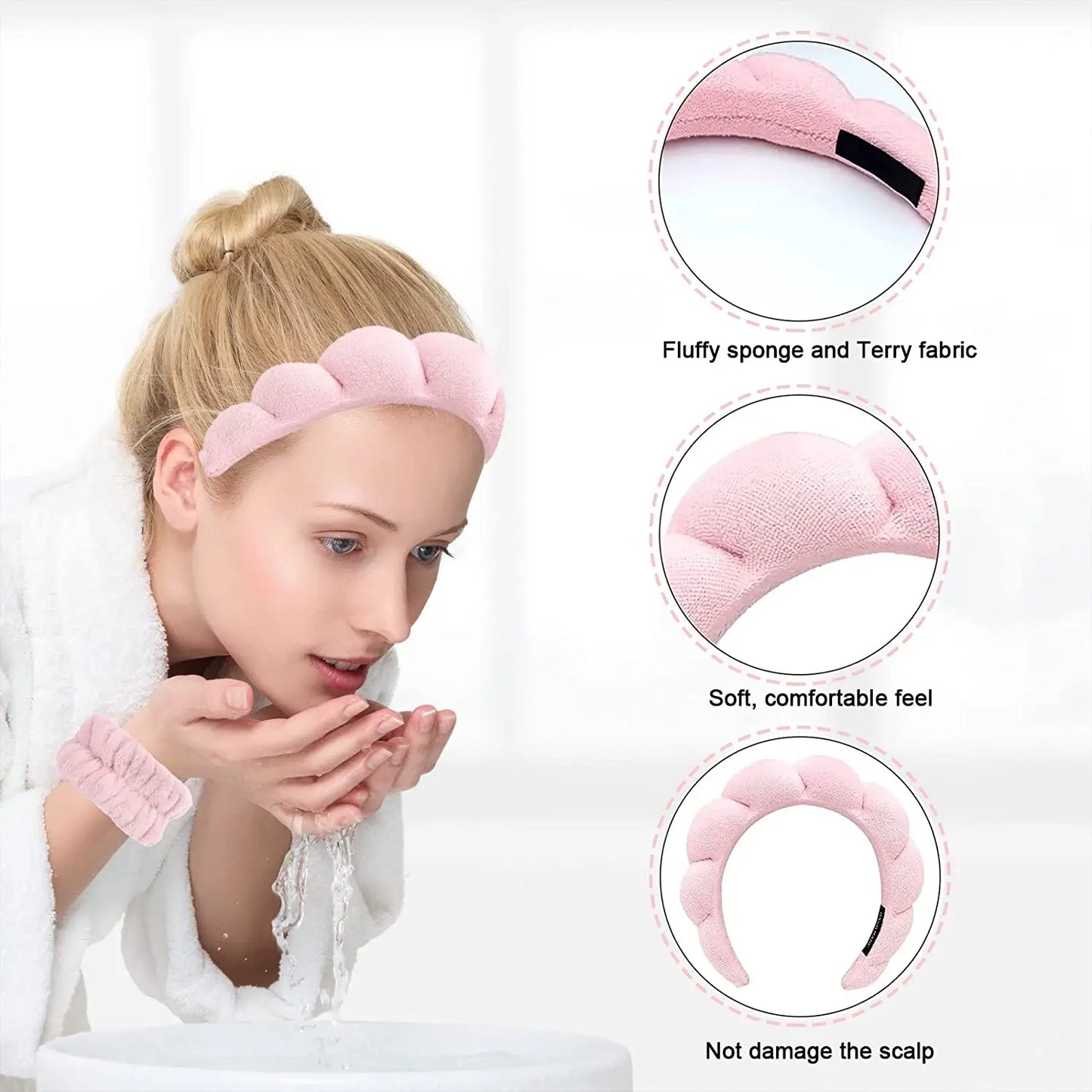 Fashion Microfiber Washing Wristbands Set: Scrunchies & Puffy Headband - Spa Bubble for Face Makeup Shower Skincare