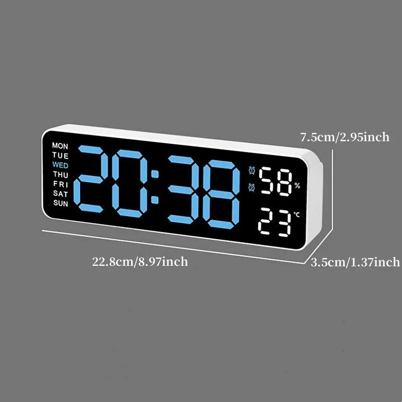 9 Inch Large Digital Wall Clock – USB Powered, Temp and Humidity Display, Auto Dimmer, DST, Table Clock with 12/24H LED Alarm