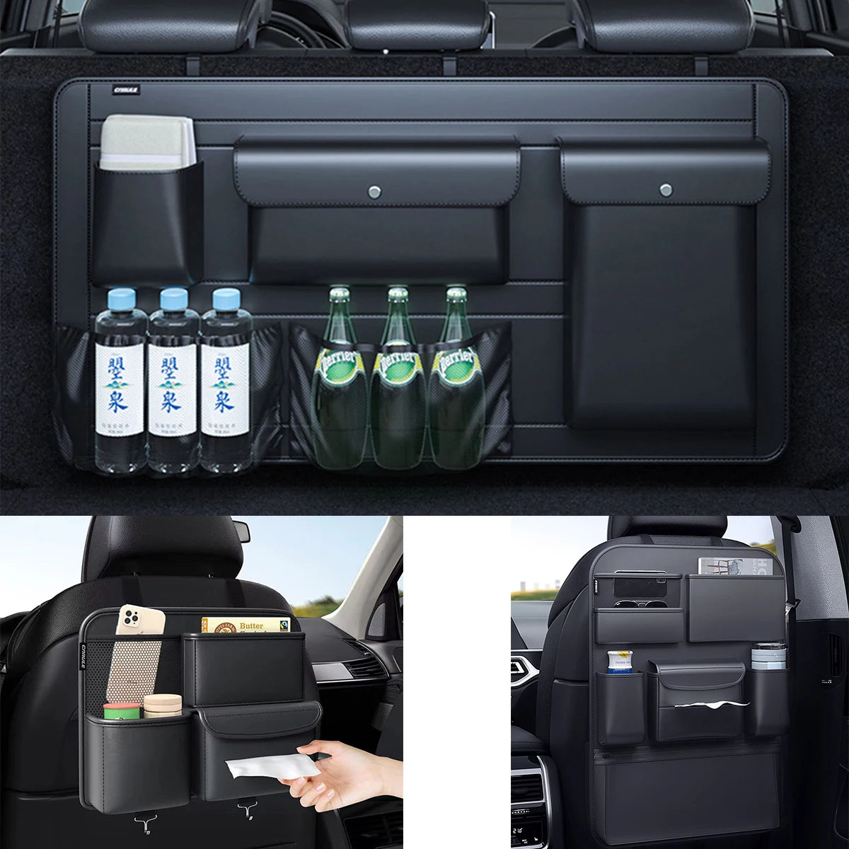 Adjustable High Capacity Car Storage Box: Backseat Trunk Organizer with 5 Bags - Multi-use PU Leather Seat Back Organizers