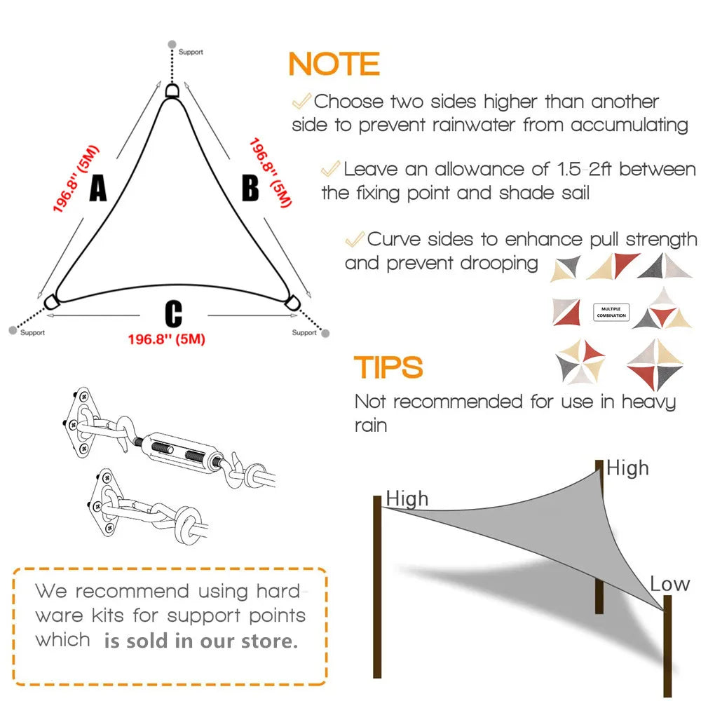 5x5x5/2x2x2M Waterproof Sun Shelter - Triangle Sunshade Protection - Outdoor Canopy for Garden, Patio, Pool - Shade Sail Awning Cloth