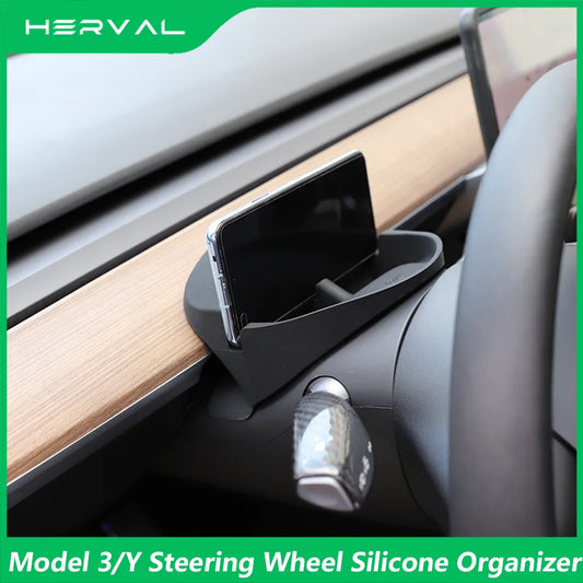 Herval Tesla Model Y 3 Phone Holder: Silicone Glasses Organizer Stand - Steering Wheel Phone Holder and Accessory Support