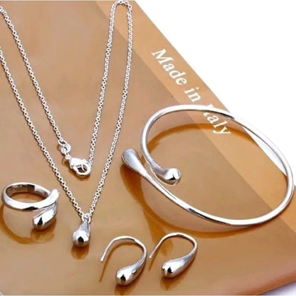 Fashion S925 Silver Needle Four-Piece Jewelry Set - Water Drop Earrings, Ring, and Bracelet Set for Women, Gift-Ready