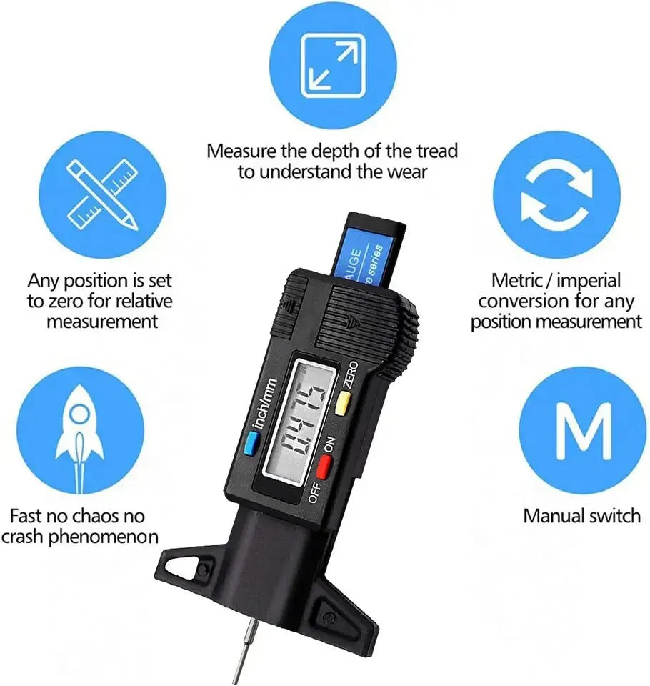 Digital Depth Gauge Caliper for Car Tires - LCD Tire Tread Measurer Tool, 0-25mm Range, Repair Tool