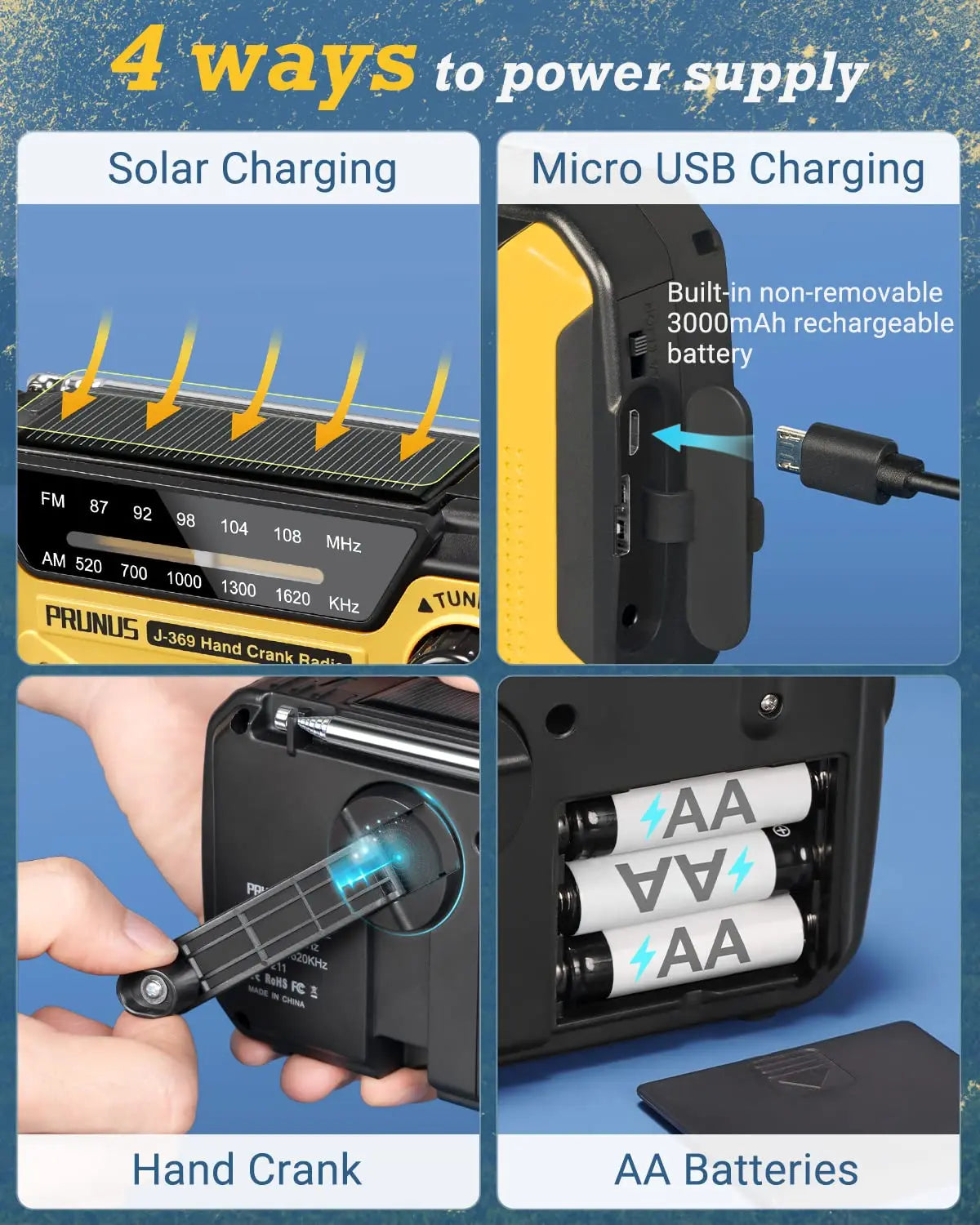 Emergency Portable AM/FM Radio: Solar Hand Crank, USB & AA Batteries Rechargeable - Torch Reading Lamp, SOS Alarm for Emergencies