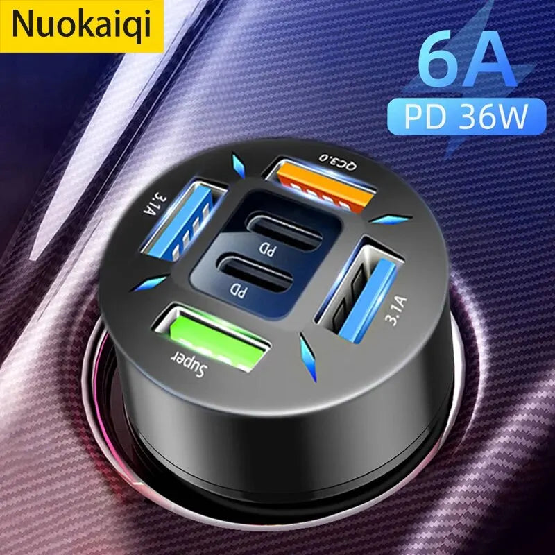 New Car Dual PD 6-Port Universal Super Fast Charging Conversion Plug: Multi-Function Mobile Phone Car Charger with 4 USB Ports