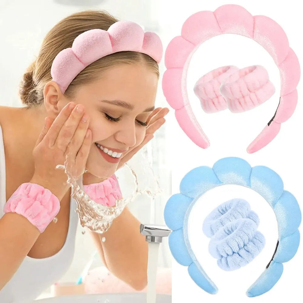 Fashion Microfiber Washing Wristbands Set: Scrunchies & Puffy Headband - Spa Bubble for Face Makeup Shower Skincare