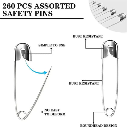 220Pcs Safety Pins - Assorted Sizes, Large and Small, High Strength Steel Wire, Gold and Silver for Clothes Sewing