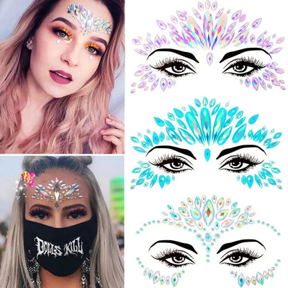 3D Sexy Face Tattoo Stickers: Temporary Glitter Fake Tattoos with Rhinestones for Women - Masquerade Party Face Jewels