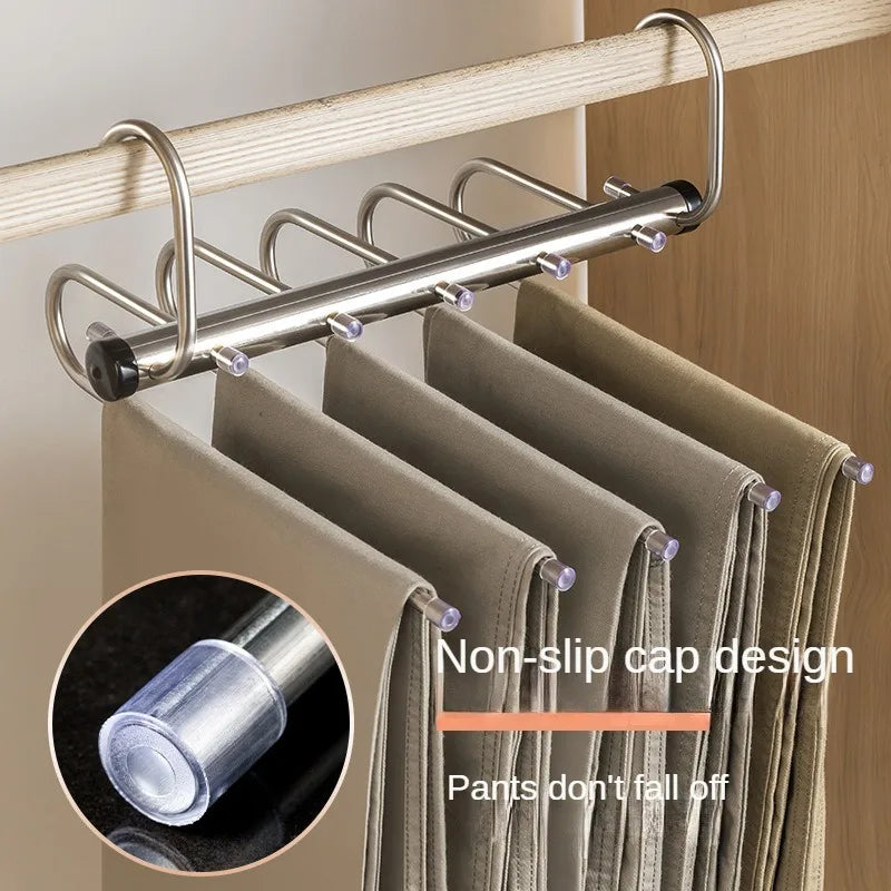 Folding Magic Pants Hangers - 5/9 Layers Stainless Steel Space-Saving Clothes Rack Organizer for Wardrobe, Jeans, Trousers, Scarves