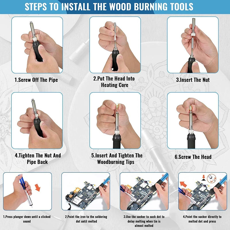 Adjustable Temperature Wood Burning Pyrography Pen Kit - Electric Soldering Iron for Wood Embossing and Carving - EU Plug