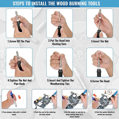 Adjustable Temperature Wood Burning Pyrography Pen Kit - Electric Soldering Iron for Wood Embossing and Carving - EU Plug