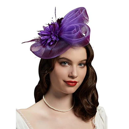 Women's Flower Mesh Fascinator with Ribbons and Feathers - Brides Hair Accessories, Headband or Clip for Cocktail Tea Party Headwear