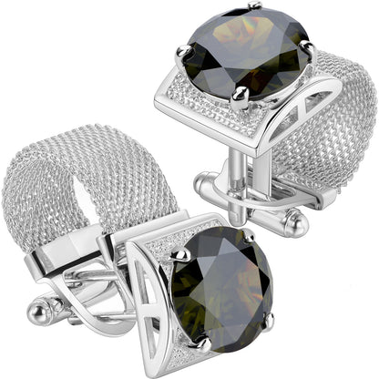 HAWSON Luxury Silver Crystal Cufflinks for Men - Elegant French Shirt Accessories for Wedding and Business