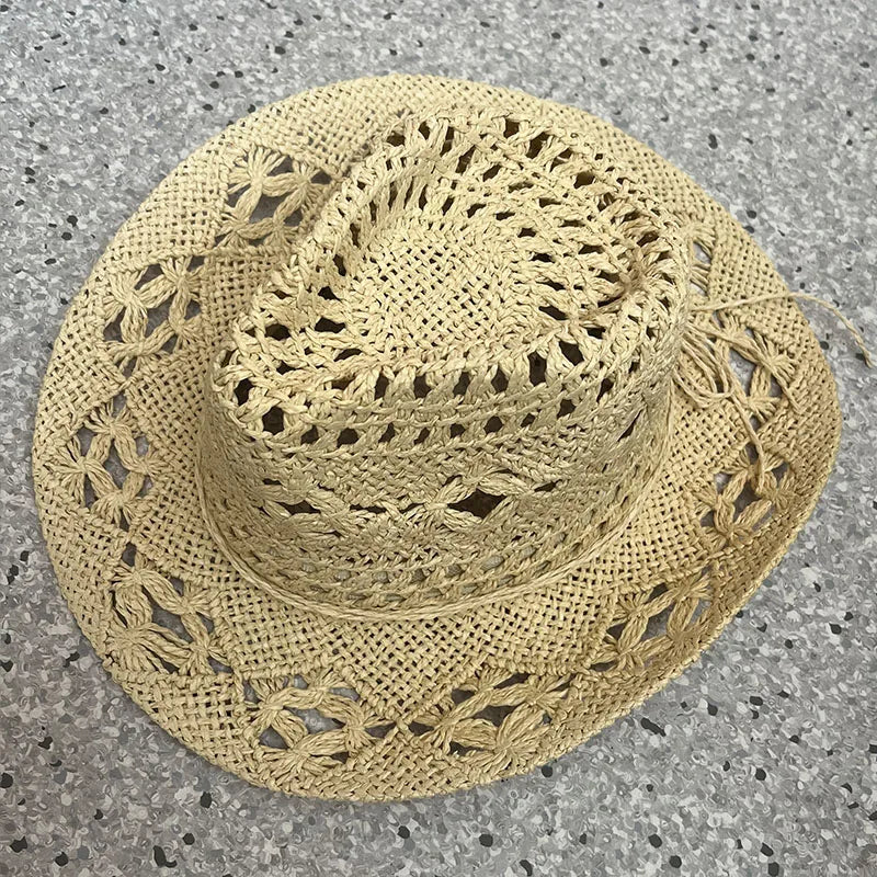 Classic Vintage Straw Western Cowboy Hat - Unisex Hollow Out Design with Wide Brim, Sun Protection Fishing and Climbing Cap