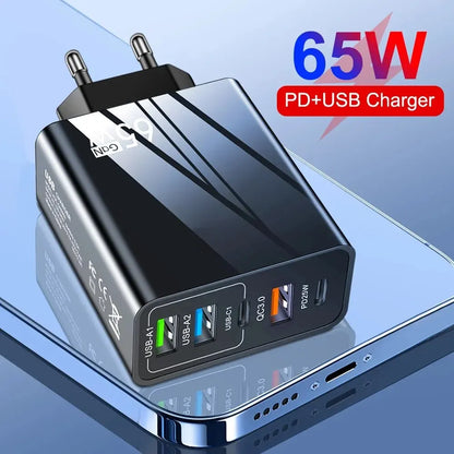 65W Fast Charger Mobile Charging Head: PD Plus 3USB Travel Multi-Interface Charger 3.1A - Compatible with Samsung, Xiaomi, iPhone - EU/US Adapter