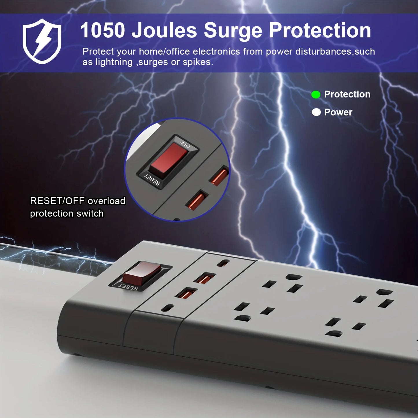 Wall-Mounted Surge Protector Power Strip: 4 USB Ports (2 USB C, 2 USB A) with Flat Plug Extension Cord