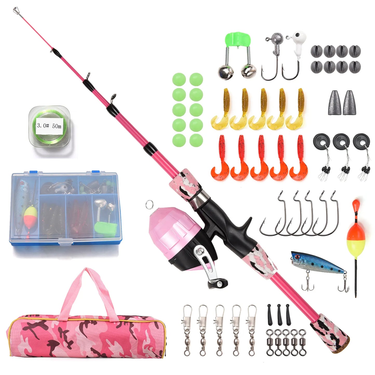 Kids Fishing Rod and Reel Combo | Telescopic Casting Rod Pole | 1.2m/1.5m | Includes Spincast Reel, Hooks, Lures, Swivels, and Bag