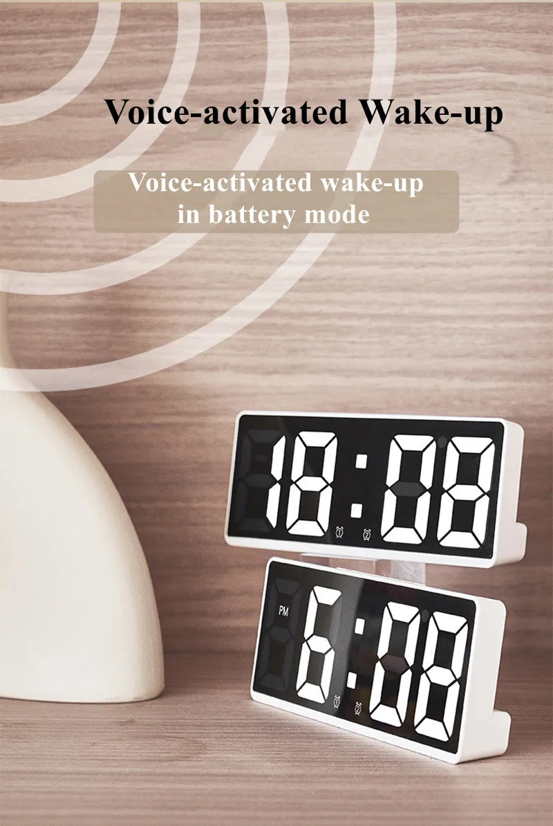 Digital Alarm Clock with Voice Control - Temperature Display, Snooze, Night Mode - Desktop Table Clock with Anti-disturb Function - 12/24H LED Watch