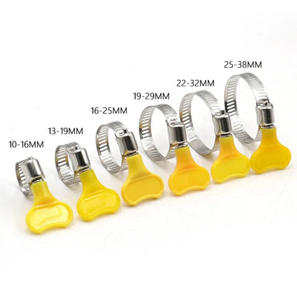 5 pcs Adjustable Yellow Plastic Handle Hand Twist Hose Clamps - Worm Drive 201 Stainless Steel Pipe Clips ( 8-44mm ) - Tube Fasteners