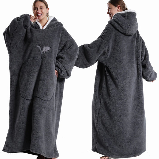 Extra Long Wearable Blanket - Winter Flannel Hooded Blanket with Full Sleeves, Cozy Soft Throw for Men and Women