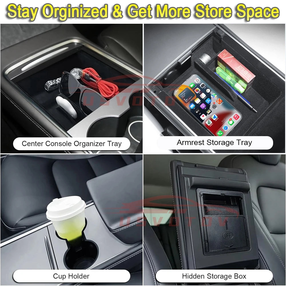 Center Console Trays for Tesla Model 3 Y - Highland Organizer Accessories, Under Seat Storage Box Armrest Hidden Bins Cup Holder