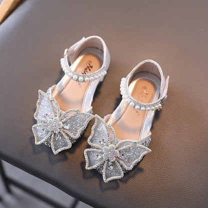 Summer Girls Sandals – Fashion Sequins & Rhinestone Bow Princess Shoes, Flat Heel, Sizes 21-35