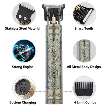 Premium Rechargeable Vintage T9 Electric Hair Clipper for Men - Professional Barber Trimmer with Dragon Buddha Design