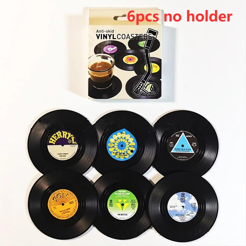 Set of 6 Vinyl Coasters – Retro Music Coasters with Vinyl Record Player Holder | Creative Record Disk Mug Pad Mat for Drinks