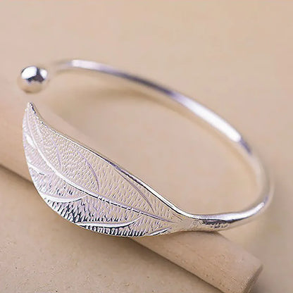 Fashion 925 Sterling Silver Leaf Shaped Cuff Bracelet: Adjustable Charm Bangle for Women - Girls Party Jewelry, Christmas Gift Idea