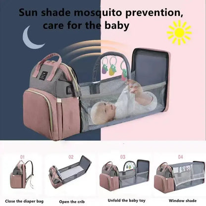 Mommy Baby Diaper Bag Backpack with Shade & Mosquito Net: USB Charging Port, Wet/Dry Compartments - Stroller Hanging Bag Included